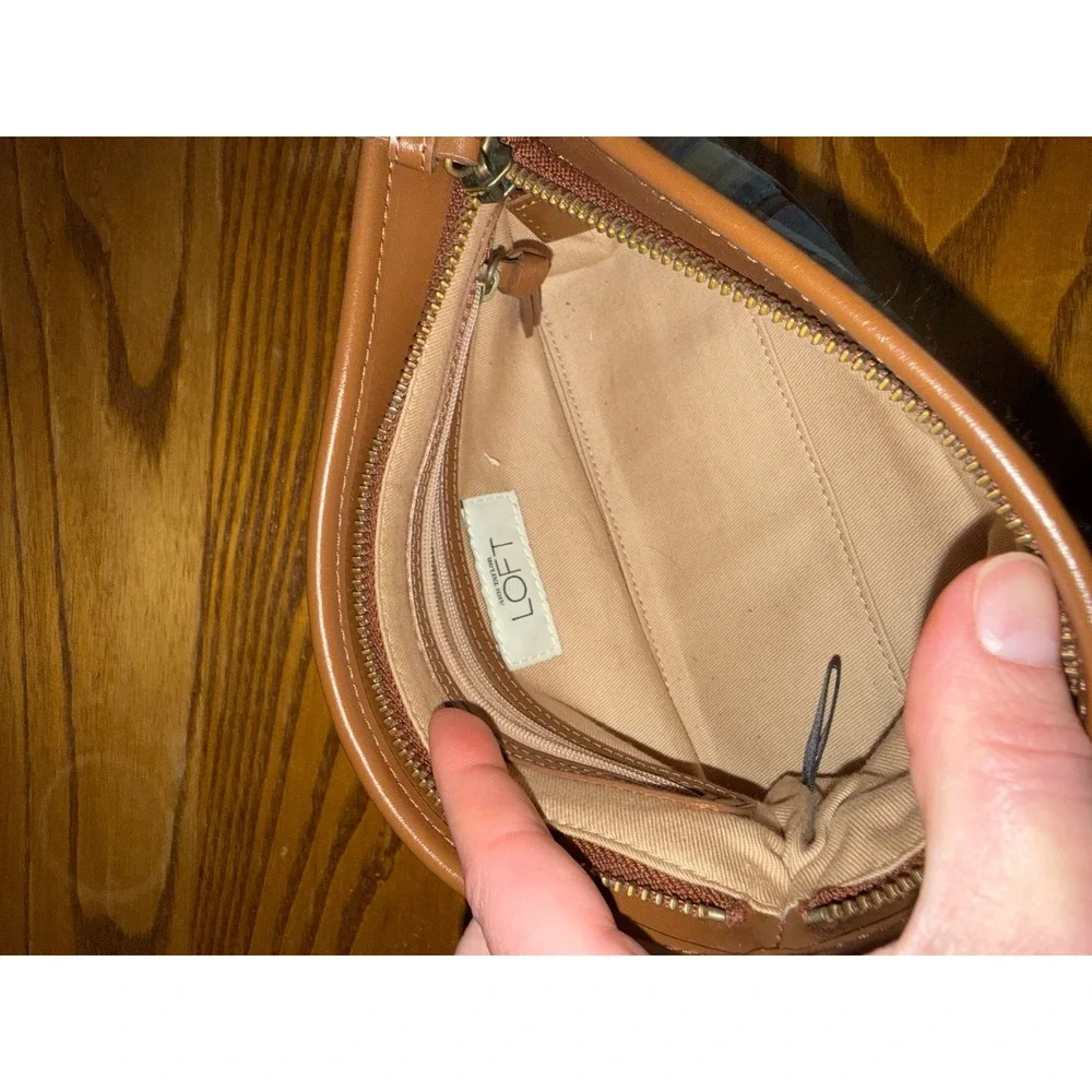 Ann Taylor LOFT Patchwork Plaid Cosmetic Bag Brown‎ Faux Leather Trim Clutch